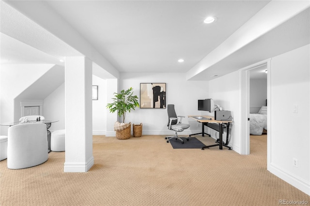 home office with baseboards, carpet, and recessed lighting