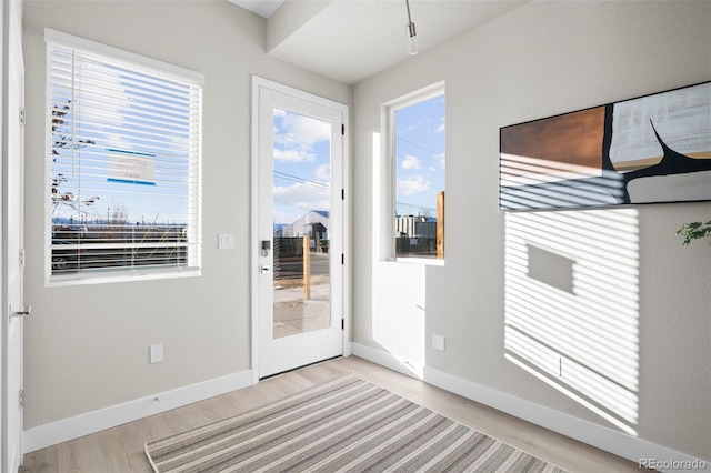 doorway to outside featuring plenty of natural light and light hardwood / wood-style flooring