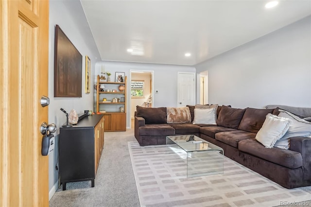 living room featuring light colored carpet