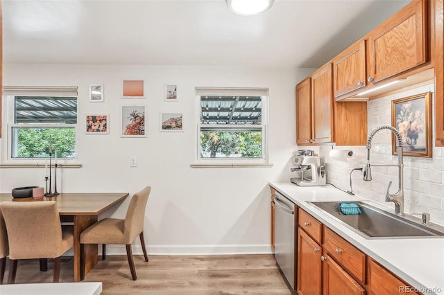 kitchen with a healthy amount of sunlight, decorative backsplash, stainless steel dishwasher, and sink