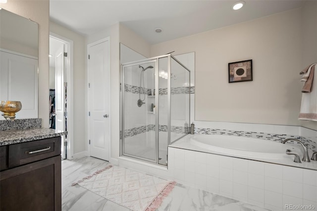 bathroom featuring a bath, a shower stall, vanity, marble finish floor, and recessed lighting