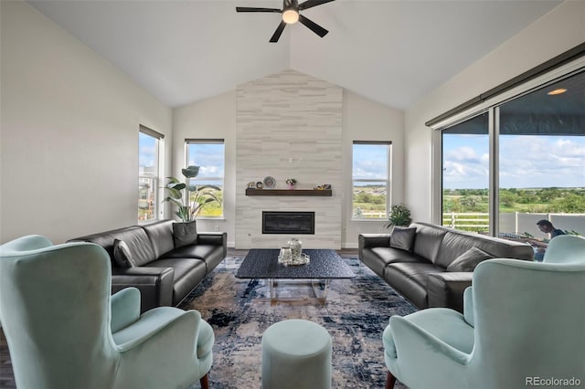 living area featuring ceiling fan, plenty of natural light, wood finished floors, and a fireplace