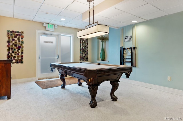2 Adams St Unit 608, Denver, CO 80206 - recreation room with carpet floors, a paneled ceiling, pool table, baseboards, and recessed lighting