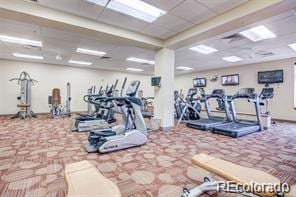 gym featuring carpet flooring and a paneled ceiling