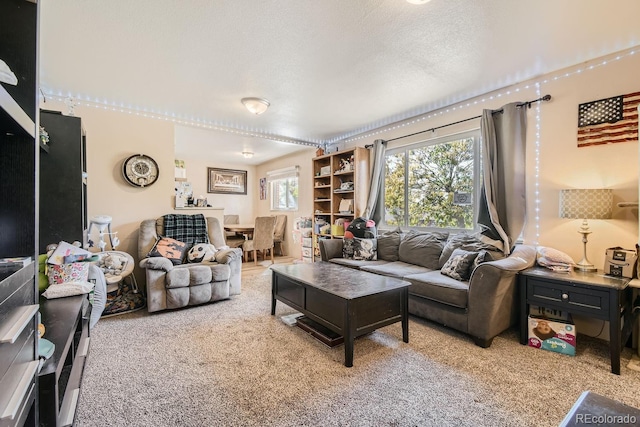 carpeted living room featuring a textured ceiling