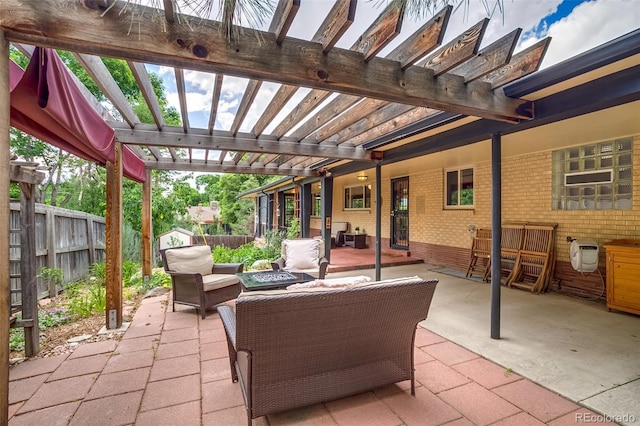 9650 W 35th Ave, Wheat Ridge, CO 80033 - fenced backyard featuring a patio, a pergola, and an outdoor hangout area