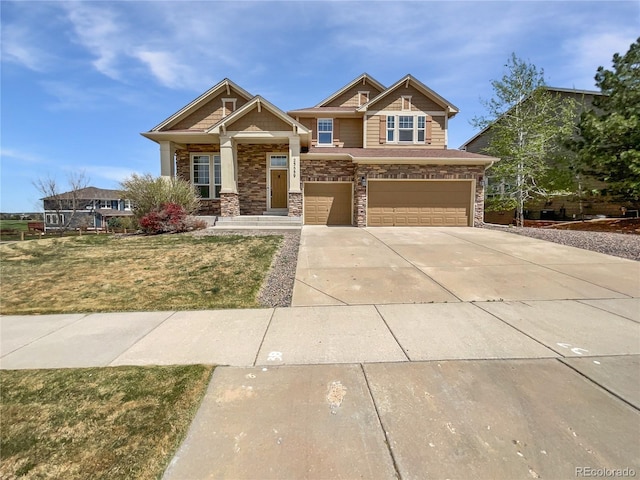 23559 Branston Ln, Parker, CO 80138 - craftsman house featuring an attached garage, driveway, stone siding, and a front lawn
