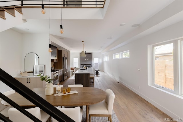 dining area featuring sink and light hardwood / wood-style flooring