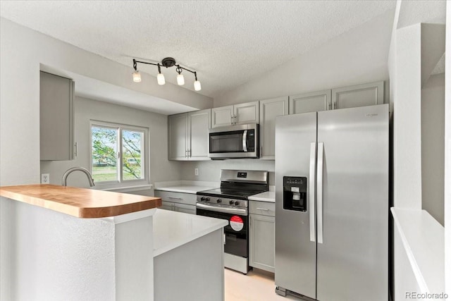13244 Quivas St, Denver, CO 80234 - kitchen with stainless steel appliances, gray cabinetry, a textured ceiling, a peninsula, and wood counters