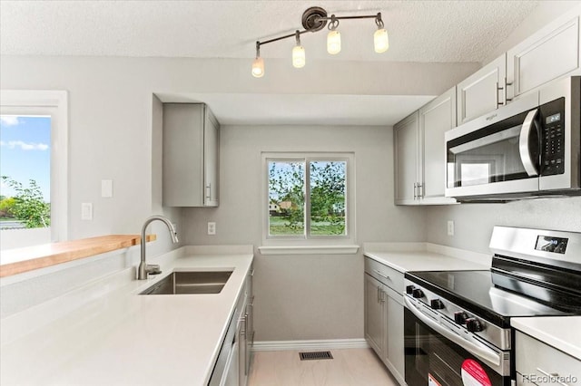 13244 Quivas St, Denver, CO 80234 - kitchen featuring stainless steel appliances, a sink, gray cabinets, light countertops, and a textured ceiling