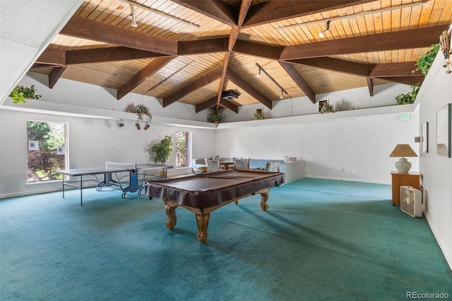 playroom featuring pool table, wood ceiling, carpet flooring, and vaulted ceiling with beams