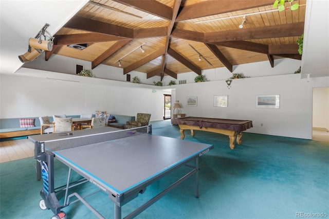 game room with carpet, high vaulted ceiling, beamed ceiling, and wooden ceiling