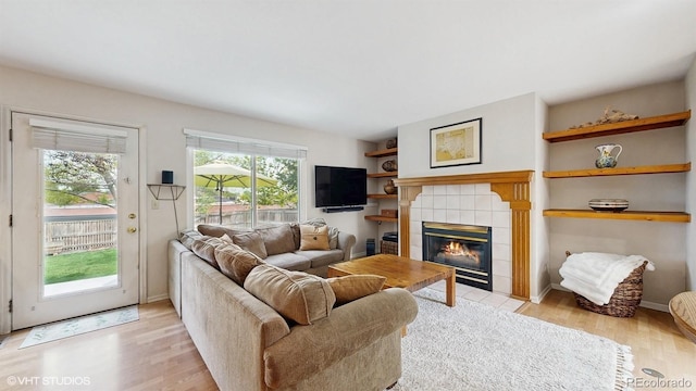 living room featuring a fireplace and light wood-type flooring