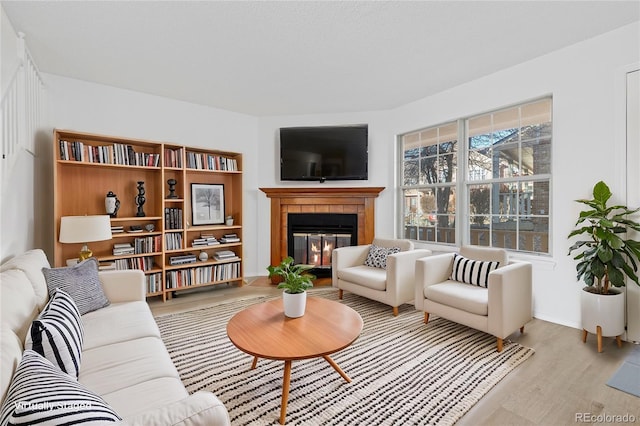 living room with light wood-type flooring and a tile fireplace