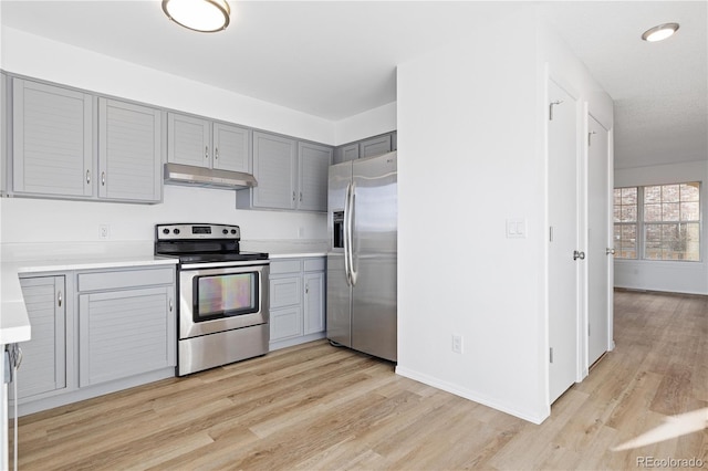 kitchen with light wood-style flooring, appliances with stainless steel finishes, gray cabinets, light countertops, and under cabinet range hood