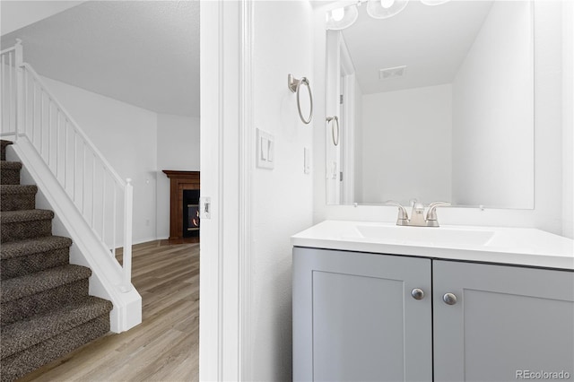 bathroom with a glass covered fireplace, visible vents, vanity, and wood finished floors