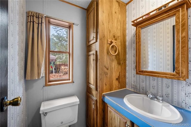 bathroom with a textured ceiling, sink, and toilet