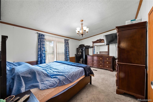 bedroom with ornamental molding, a textured ceiling, light carpet, and a notable chandelier