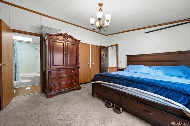 bedroom with ornamental molding, light colored carpet, a textured ceiling, and a chandelier