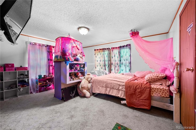 carpeted bedroom with a textured ceiling and ornamental molding