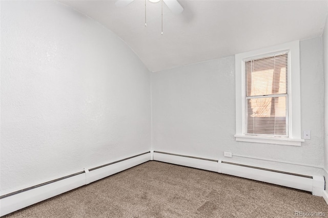 367 S Jasmine St, Denver, CO 80224 - carpeted empty room with vaulted ceiling, ceiling fan, and a baseboard heating unit