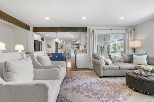 21 Fairway Ln, Littleton, CO 80123 - living room with recessed lighting, light wood-style floors, a chandelier, and beamed ceiling