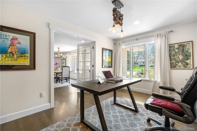 21 Fairway Ln, Littleton, CO 80123 - office featuring baseboards, dark wood-style floors, and a chandelier
