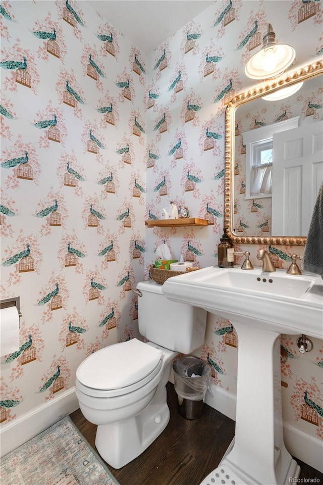 21 Fairway Ln, Littleton, CO 80123 - bathroom featuring wallpapered walls, wood finished floors, and toilet