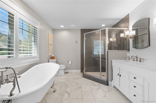 21 Fairway Ln, Littleton, CO 80123 - bathroom with a shower stall, recessed lighting, a soaking tub, vanity, and marble look tiles