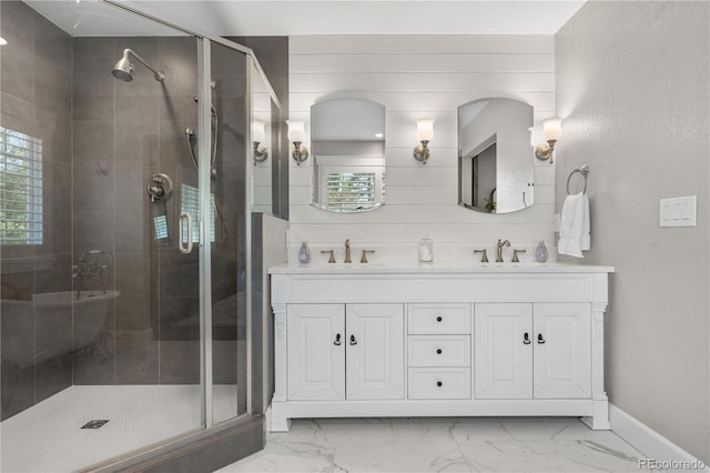21 Fairway Ln, Littleton, CO 80123 - bathroom with a shower stall, marble finish flooring, baseboards, and double vanity