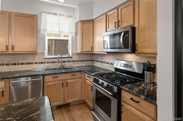 3670 Wolff St, Denver, CO 80212 - kitchen featuring appliances with stainless steel finishes, tasteful backsplash, dark stone countertops, and light wood finished floors
