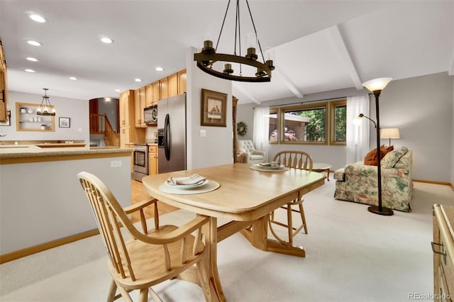 11496 E Wesley Ave, Aurora, CO 80014 - dining space with a chandelier, recessed lighting, light carpet, and beam ceiling