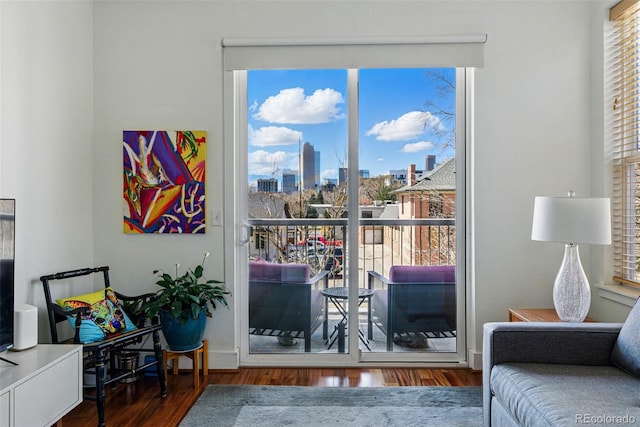 living area featuring a view of city and wood finished floors