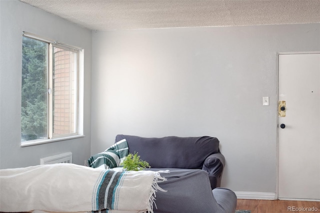 living area featuring wood-type flooring, a wealth of natural light, and a textured ceiling