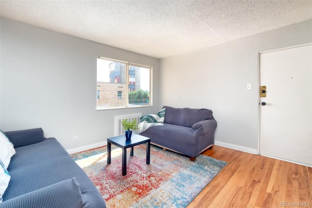 living room with a textured ceiling and hardwood / wood-style floors