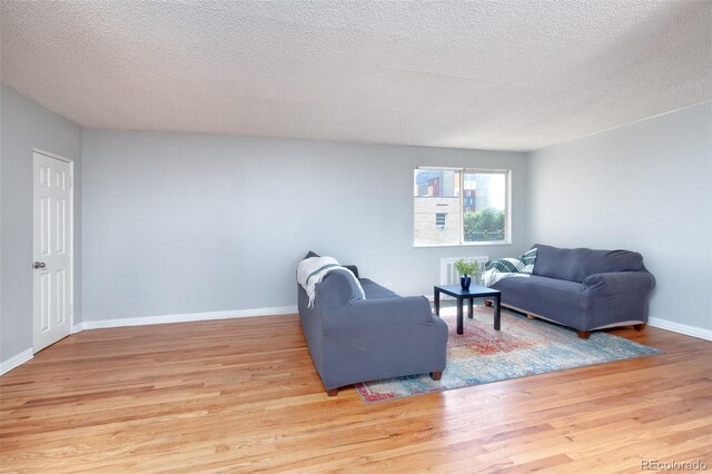 living room with light wood-type flooring and a textured ceiling