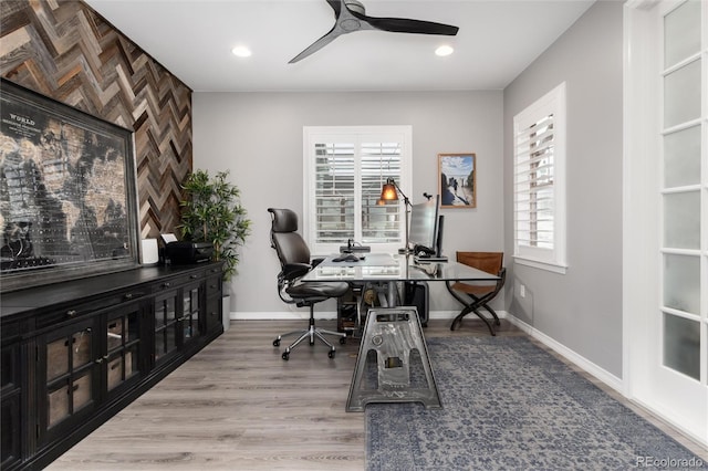 office area featuring wood finished floors, baseboards, a ceiling fan, and recessed lighting