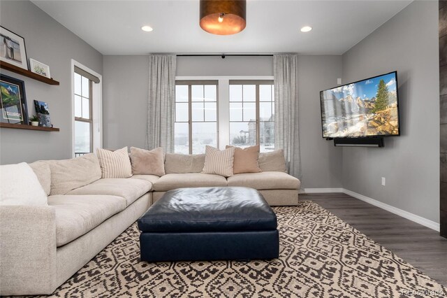 living area featuring baseboards, wood finished floors, and recessed lighting