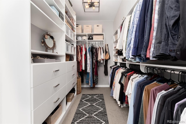 walk in closet featuring light carpet