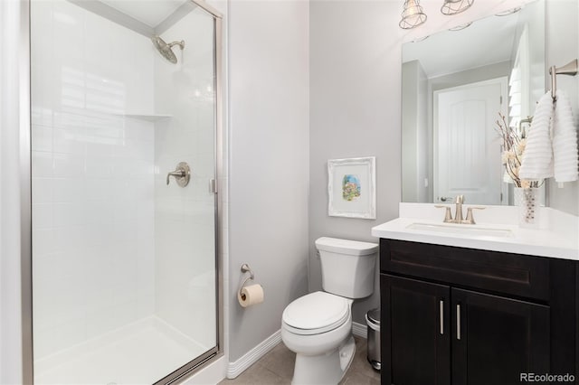 full bath featuring tile patterned floors, toilet, a stall shower, and vanity