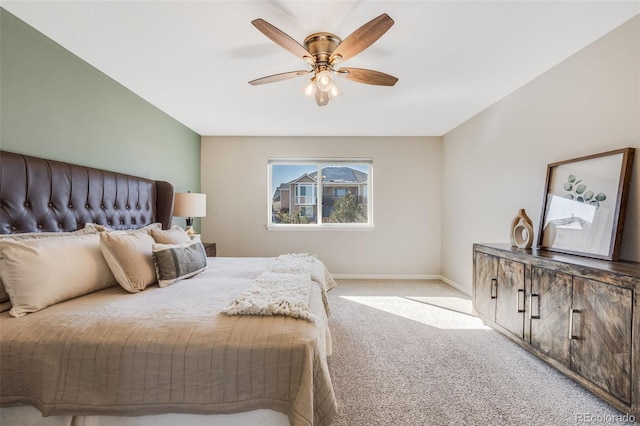 bedroom featuring carpet flooring, ceiling fan, and baseboards