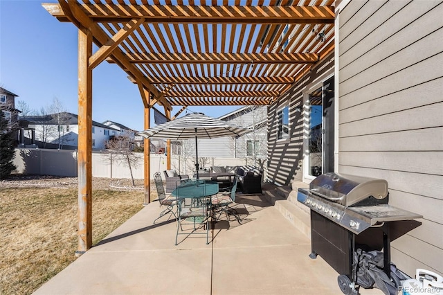 view of patio with outdoor dining area, fence, a pergola, and grilling area