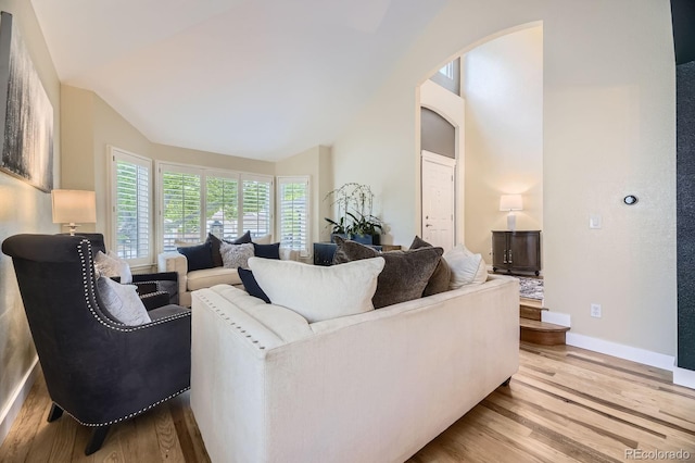 8657 Aberdeen Cir, Highlands Ranch, CO 80130 - living area featuring arched walkways, wood finished floors, lofted ceiling, and baseboards