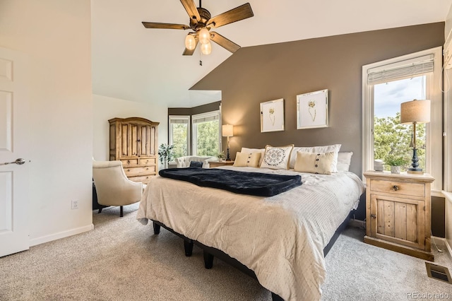 8657 Aberdeen Cir, Highlands Ranch, CO 80130 - carpeted bedroom featuring vaulted ceiling, baseboards, and a ceiling fan