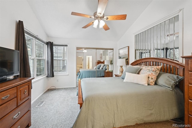 5875 W Asbury Pl, Lakewood, CO 80227 - bedroom featuring a ceiling fan, visible vents, baseboards, lofted ceiling, and carpet flooring