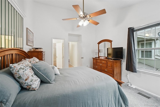 5875 W Asbury Pl, Lakewood, CO 80227 - bedroom featuring visible vents, baseboards, ceiling fan, high vaulted ceiling, and carpet flooring