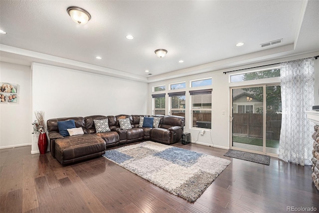 11511 E 118th Ave, Commerce City, CO 80640 - living area featuring plenty of natural light, dark wood-type flooring, a raised ceiling, and recessed lighting