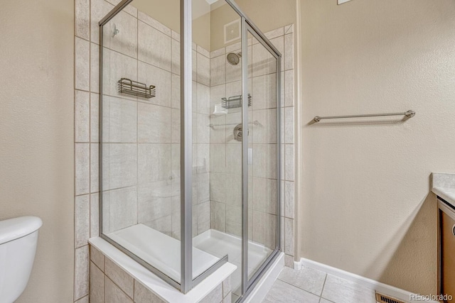 2943 W Riverwalk Cir Unit I, Littleton, CO 80123 - bathroom with a stall shower, tile patterned floors, and vanity