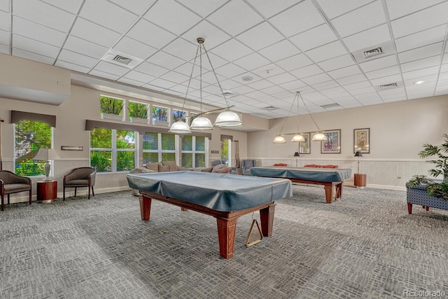 2943 W Riverwalk Cir Unit I, Littleton, CO 80123 - playroom featuring pool table, carpet floors, a drop ceiling, and a wainscoted wall