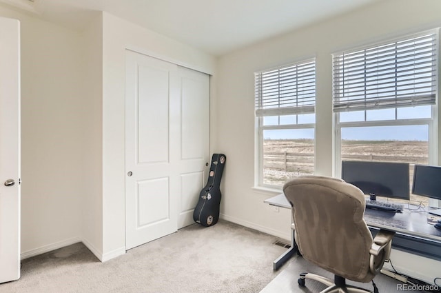 office space with light carpet, a wealth of natural light, and baseboards